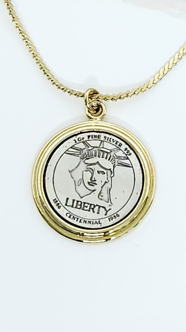 Statue of Liberty Centennial .999 Fine Silver 2g Pendant Gold Tone Necklace 18"